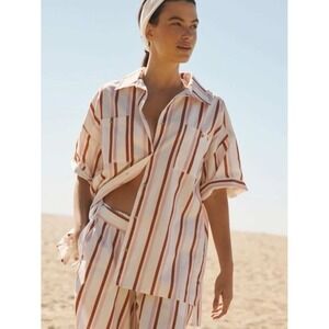 Anthropologie‎ Boxy Button Down Poplin Shirt Size M Stripe Pink White Oversized